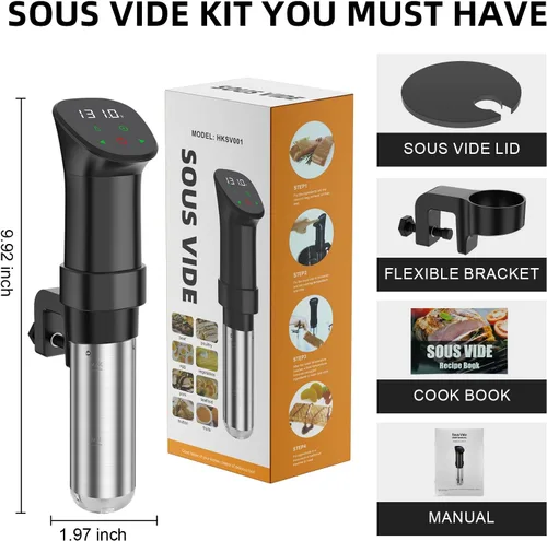 Miniatura 6 de Máquina Sous Vide - Cocinador Suvee - Kit Sous Vide Rocyis con Tapa, Recetas - Circulador de Inmersión de Calentamiento Rápido de 1000W / Negro