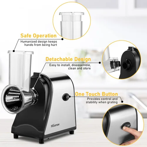 Miniatura 5 de Rebanadora/Ralladora Eléctrica de 250W para Queso en Bloque, Rallador Eléctrico Profesional 5 en 1 para Verduras, Preparador de Ensaladas, Zanahoria