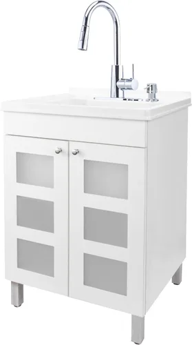 JS Jackson Supplies, fregadero utilitario con gabinete de tocador blanco, grifo rociador desplegable de arco alto, dispensador de jabón y tocador