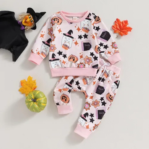 Miniatura 2 de Kayotuas Conjunto de sudadera de manga larga con estampado de arco de calabaza y esqueleto para bebé de Halloween, para otoño