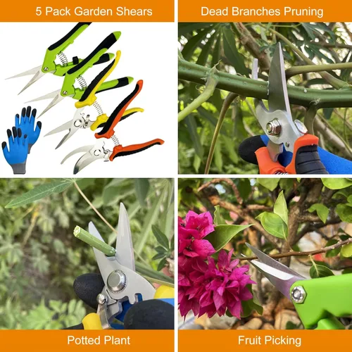 Miniatura 2 de Tijeras de podar, paquete de 5 tijeras de jardín con guantes de jardinería, cortadoras manuales, tijeras de jardín de acero inoxidable, podadoras