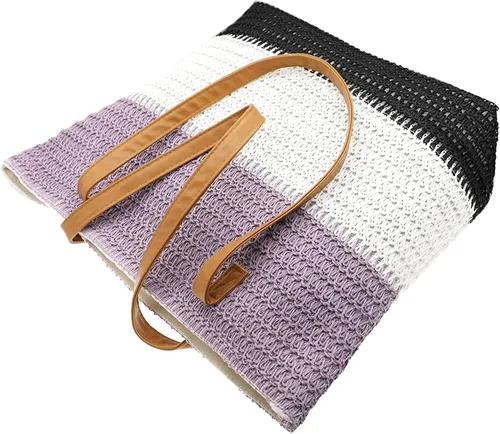 Miniatura 101 de Bolso grande de paja para mujer, tejido de ratán, bolso de playa de verano, a rayas