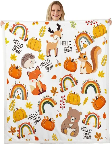 Manfei Manta de otoño con diseño de hojas de calabaza, dibujos animados, arcoíris, zorro, oso, ciervo, para niños y niñas, manta de cosecha de otoño