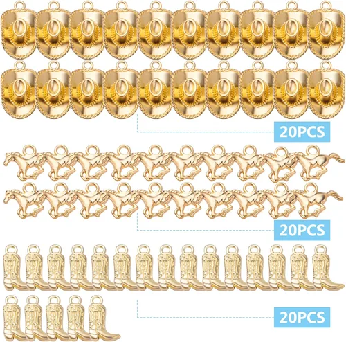 Miniatura 2 de 60 dijes de vaquero chapados en oro con temática occidental de aleación tibetana de vaquero, botas de caballo, colgantes de sombrero de caballo
