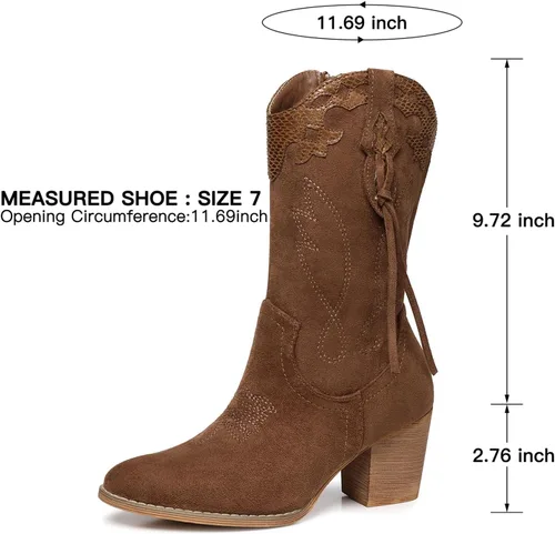Miniatura 6 de SHIBEVER Botas vaqueras vaqueras para mujer botas de tacón alto Western Country Botas de gamuza con cremallera a media pantorrilla