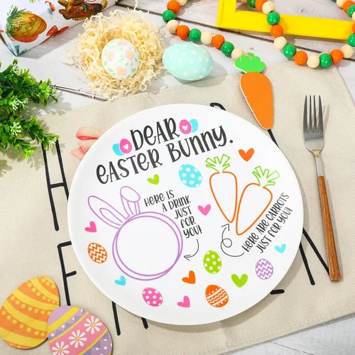 Miniatura 4 de AnyDesign Plato redondo de conejo de Pascua, platos redondos de conejo, zanahorias para querida Pascua, platos de plástico reutilizables, bandeja