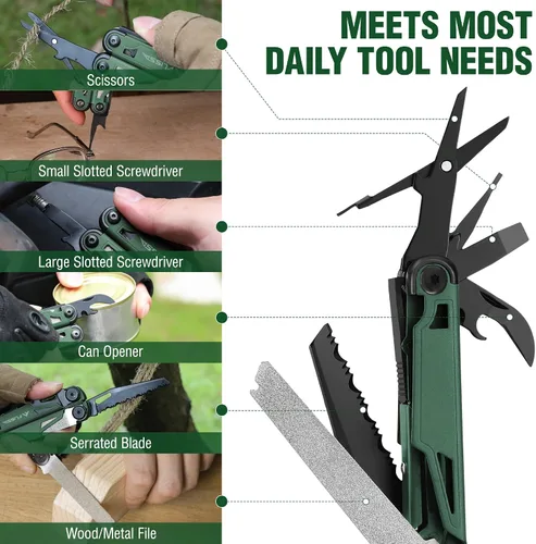 Miniatura 6 de FLISSA Multiherramienta, cuchillo de bolsillo multiherramienta 15 en 1 con funda, alicates multiherramienta EDC de acero inoxidable para hombres
