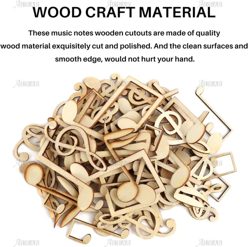 Miniatura 3 de AUEAR, Paquete de 60 notas musicales con recortes de madera, mini notas musicales, adornos de madera, rebanadas sin terminar para manualidades