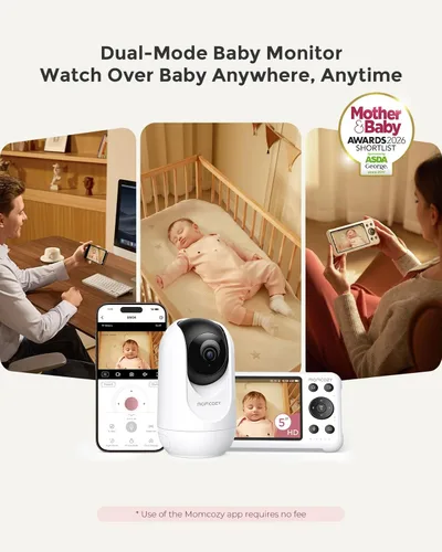 Miniatura 2 de Momcozy Monitor de bebé inteligente WiFi con cámara y audio, pantalla 1080P de 5 pulgadas con montaje en pared, detección de movimiento y llanto