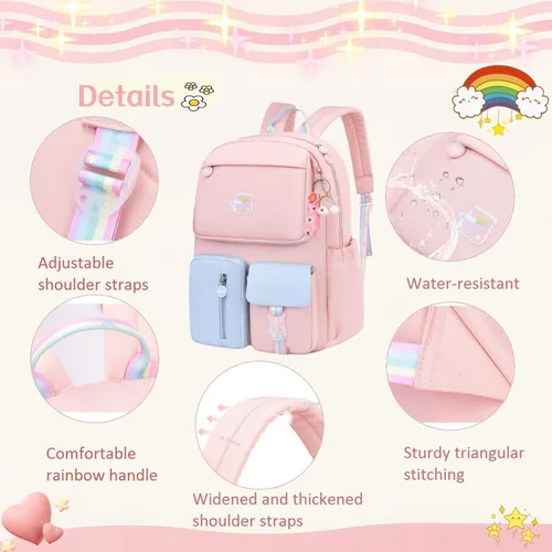 Miniatura 4 de Mochila escolar para niñas para escuela primaria ligera, Rosa Azul, Classic