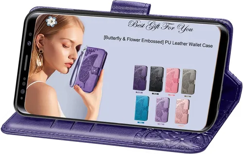 Miniatura 2 de Funda para teléfono Samsung Galaxy S9, funda con tapa para mujer con tarjetero de crédito, diseño de flor de mariposa en relieve, correa de muñeca