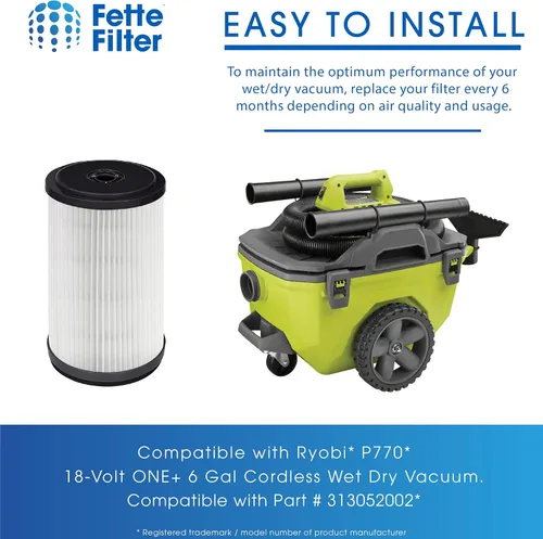 Miniatura 6 de Fette Filter - Filtro de vacío compatible con Ryobi P770 18-Volt ONE+ 6 Gal Filtro de vacío inalámbrico en seco húmedo Parte # 313052002 y A32RF01N
