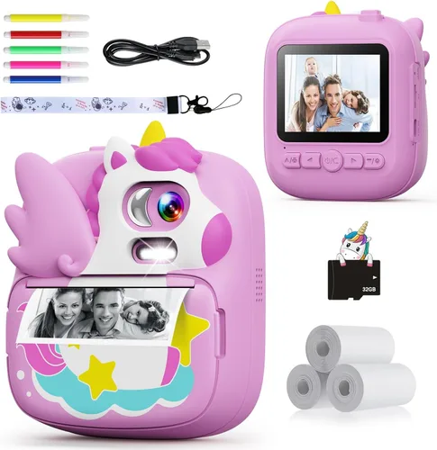 Miniatura 8 de Cámara de impresión instantánea para niños, cámara de pantalla de 2.4 pulgadas para niños, dinosaurio, cámara digital con tarjeta de 32 GB y 3 Verde