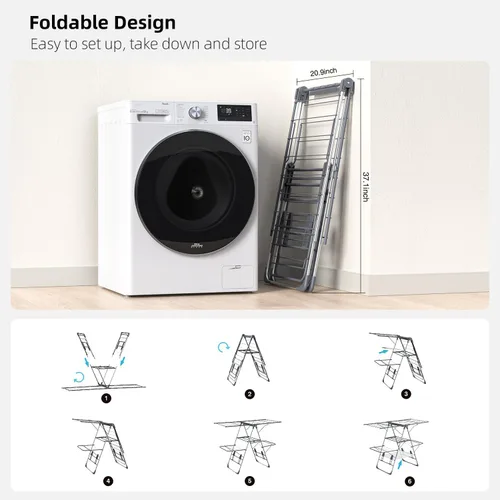 Miniatura 2 de Tendedero de Ropa Plegable de 2 Niveles para Secar Ropa, Tendedero de Acero Inoxidable Plegable para Interiores y Exteriores, con Alas de Altura