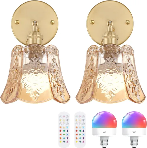 Shenmoyl Juego de dos apliques de pared vintage a pilas, aplique de pared inalámbrico con rosa a pilas con control remoto, luz LED de pared RGB