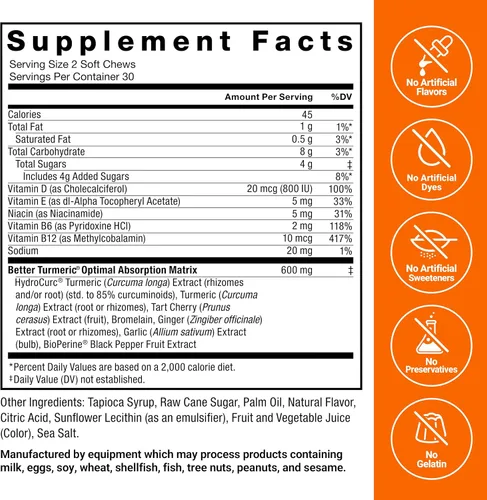 Miniatura 7 de FORCE FACTOR Mejor suplemento de cúrcuma 400mg con pimienta negra y jengibre, apoyo articular de fuerza extra, absorción superior, como gomitas