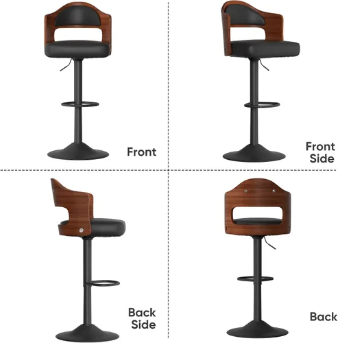 Miniatura 7 de Juego de 2 taburetes de bar giratorios, taburetes de bar de madera tapizados en cuero PU con respaldo y reposapiés, asiento de altura ajustable