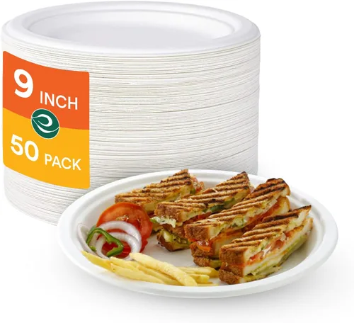 Miniatura 26 de ECO SOUL Compostable Paper Plates 9 Inch, 500 Pack – Heavy Duty Disposable Dinner Paper Plates, White Bagasse, Leak-Resistant, Microwave Safe
