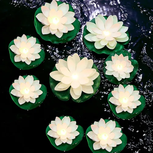 Miniatura 12 de Hortsun 9 luces flotantes de loto con pilas, almohadillas de lirio, flores de piscina, velas flotantes, decoración de plantas de estanque