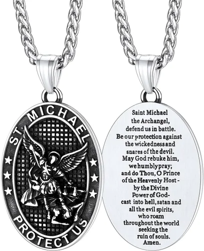 FaithHeart Collar de San Miguel, acero inoxidable, chapado en oro de 18 quilates, amuleto colgante de San Miguel Arcángel para hombres y mujeres con