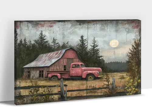 Miniatura 15 de Lienzo de pared de camión antiguo de granja, arte de pared de granero rústico, impresiones de lienzo de camioneta vintage de campo, impresiones