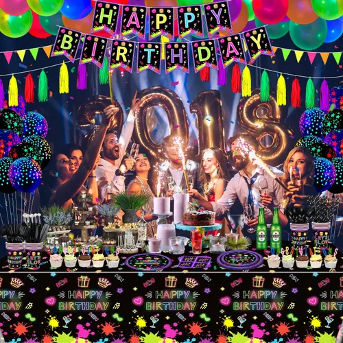 Miniatura 3 de Paquete de 247 suministros de fiesta de neón que brillan en la oscuridad, decoraciones de fiesta con luz negra, platos, pancartas de luz negra