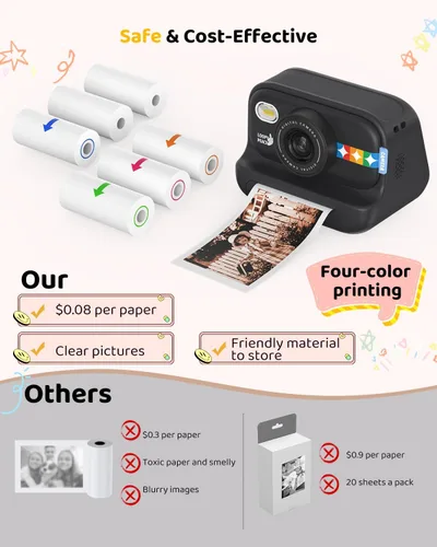 Miniatura 9 de Cámara de impresión instantánea en color para niños – Cámara para niños con 5 papeles fotográficos de color, video de 48MP y 1080P, 21 marcos