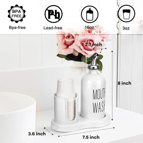Miniatura 2 de Dispensador de enjuague bucal para baño, dispensador de enjuague bucal BYAWAY con portavasos, 14 vasos de enjuague bucal y embudo, recipiente