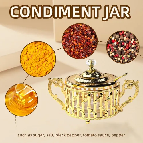 Miniatura 7 de Flylin Azucarero, azucarero turco con tapa y cuchara para galletas de caramelo, miel, tarro de condimentos de vidrio vintage dorado para el hogar y 5