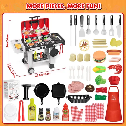 Miniatura 8 de Juguetes de cocina para niños de 86 piezas: juego de parrilla para niños con humo, sonido, luz, UV y agua que cambia de color, juego de cocina