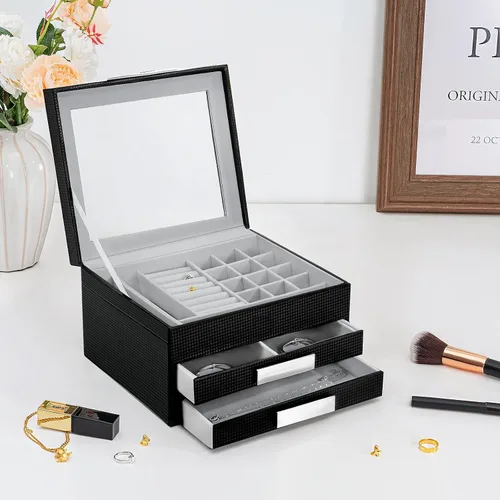 Miniatura 8 de Oyydecor Joyero con tapa de cristal organizador de joyas de piel sintética de 3 niveles con 2 cajones estuche de joyería portátil grande