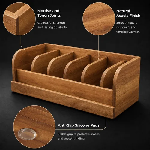 Miniatura 5 de Caja Organizadora de Cinturones de Madera de Acacia MinBoo, Estante de Cinturones de 6 Rejillas para Clóset y Cajón, Organizador y Expositor