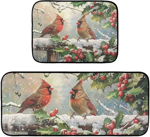 Miniatura 23 de Juego de 2 alfombras y tapetes de cocina retro con diseño de camión rojo con diseño de árbol de corazón, diseño de búfalo rojo, antifatiga