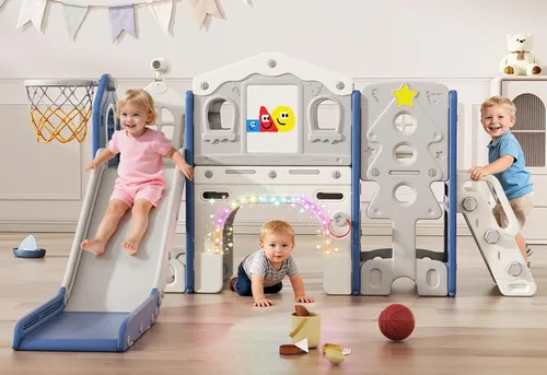BIERUM Juego de tobogán 10 en 1 para niños pequeños - Tobogán para bebés de 1 a 3 años con luces coloridas, pizarra para dibujar y tablero de