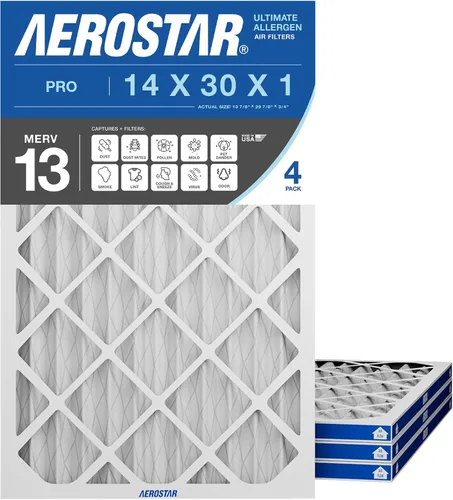 Aerostar Filtro de aire plisado MERV 13 de 14 x 30 x 1 pulgadas, 14 x 30 x 1 pulgadas, caja de 4, fabricado en los Estados Unidos