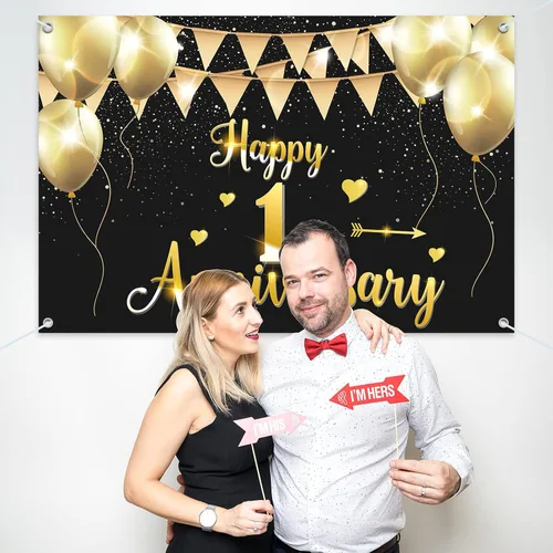 Miniatura 7 de HAMIGAR Fondo de pancarta de feliz primer aniversario de 6 x 4 pies, 1 decoración de aniversario de boda, suministros para fiesta, color negro
