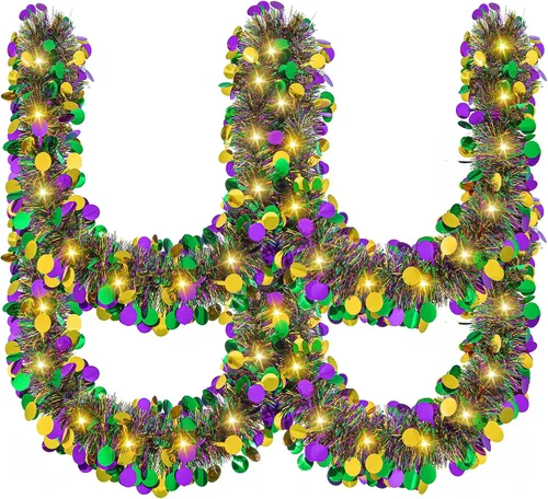 Guirnalda de oropel de Mardi Gras de 20 pies/19.7 ft con luces LED, guirnalda metálica de oropel con pilas, guirnalda colgante de lámina colorida