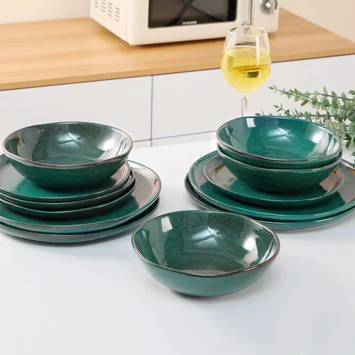 Miniatura 5 de Bestone Juego de vajilla redonda de 12 piezas, platos y cuencos, platos, cuencos, juego de vajilla de cerámica resistente a astillas, apto para Negro
