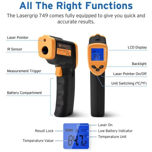 Miniatura 3 de Etekcity Termómetro infrarrojo 749 (no para humanos) Pistola de temperatura digital sin contacto Lasergrip con pantalla LCD retroiluminada, -58℉ a