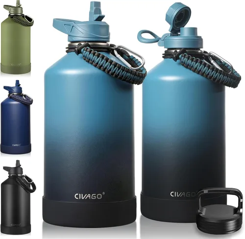 Miniatura 11 de CIVAGO Botella de agua aislada de 22 onzas con pajita, frasco de agua deportiva de acero inoxidable con 3 tapas