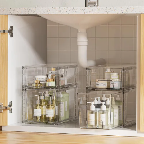 Miniatura 2 de Vtopmart Paquete de 4 cajones de almacenamiento apilables transparentes, para debajo del fregadero y la cocina, cajones de plástico fáciles