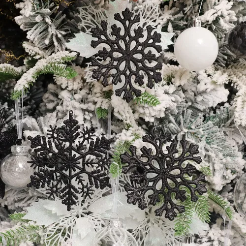Miniatura 4 de 30 adornos de copos de nieve con purpurina de Navidad, adornos de copos de nieve de plástico - decoraciones para árbol de Navidad, 4.7 pulgadas Negro