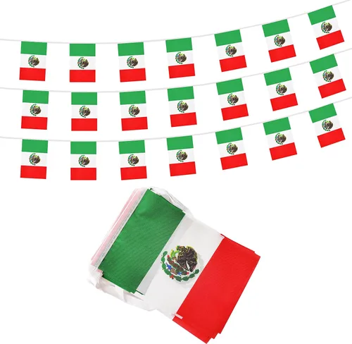 Cadena de bandera de México de 50 pies, 38 mini banderas mexicanas pequeñas, Día de la Independencia del 4 de julio, eventos patrióticos, deportes,