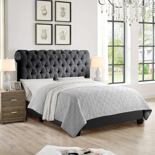 Rosevera Base de cama tapizada color carbón de tamaño matrimonial, cabecera de lujo, diseño elegante de plataforma, ideal para transformar tu