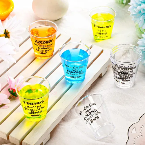Miniatura 4 de Peryiter 100 vasos de chupito de plástico a granel, mini vasos desechables de 1.7 onzas, diseño divertido transparente, vasos de muestra, vasos