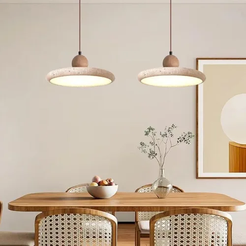 Miniatura 2 de Large Yellow Travertine Pendant Lights Nordic 3000K Warm Light Hanging Lamp 11.8IN Round Dining Room Chandelier with Wood Accents for Kitchen Island