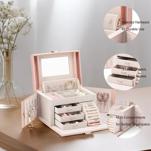 Miniatura 13 de vlando joyero organizador clásico de piel sintética con espejo y con llave
