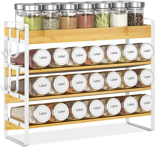 EsLuker.ly Organizador de condimentos para especias para encimera de cocina, 4 niveles de bambú para especias con 4 ganchos, soporte independiente