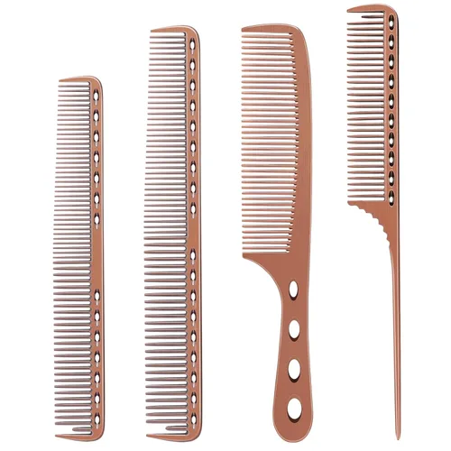 Miniatura 11 de Juego de peines de aluminio profesional para peluquería para vestirse, cortar el cabello y peinar: peines largos y cortos, mango y peine de cola Oro