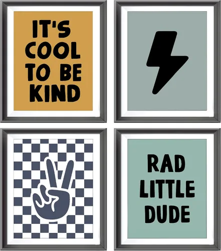 Miniatura 8 de Cartel de mano retro a cuadros negros y blancos preppy relámpago de la paz para decoración de habitación de niños, decoración divertida de Rad